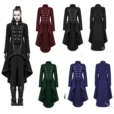 Gothic Mittelalter Frauen Vintage Cosplay Jacke Stehkragen Steampunk Langer Mantel Unregelmäßiger Mantel Damen Retro Jacke Kostüm Image