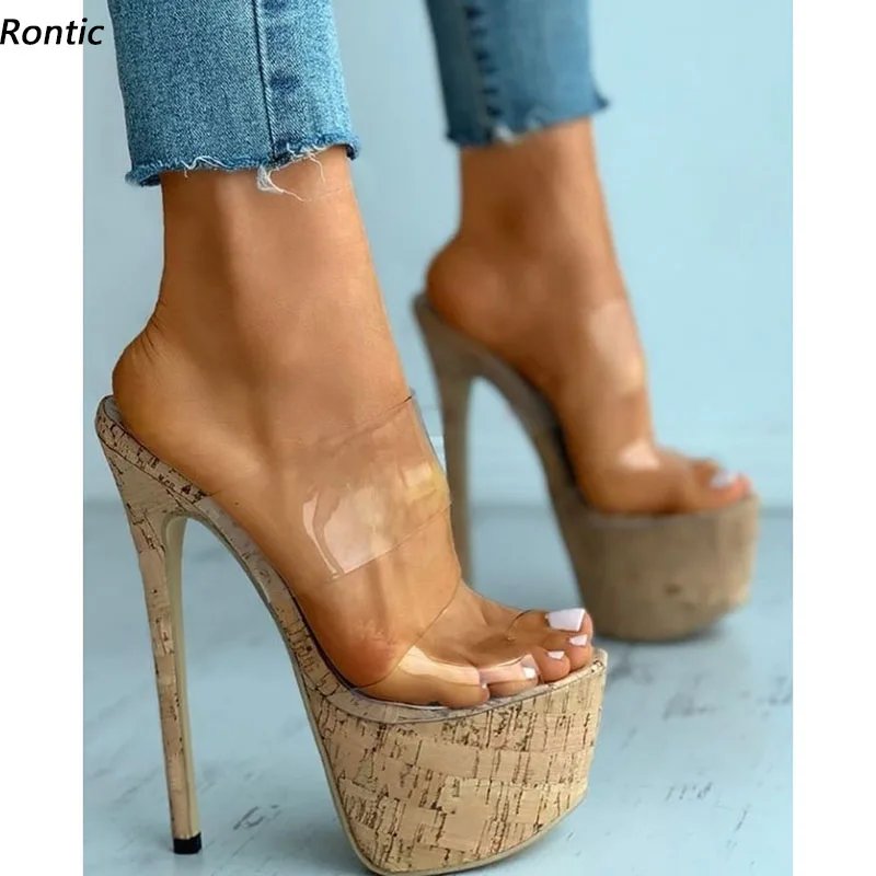 Rontic Neue Ankunft Frauen Maultiere Sandalen PVC Sexy Stiletto Heels Peep Toe Ziemlich Transparent Casual Schuhe UNS Größe 5-20