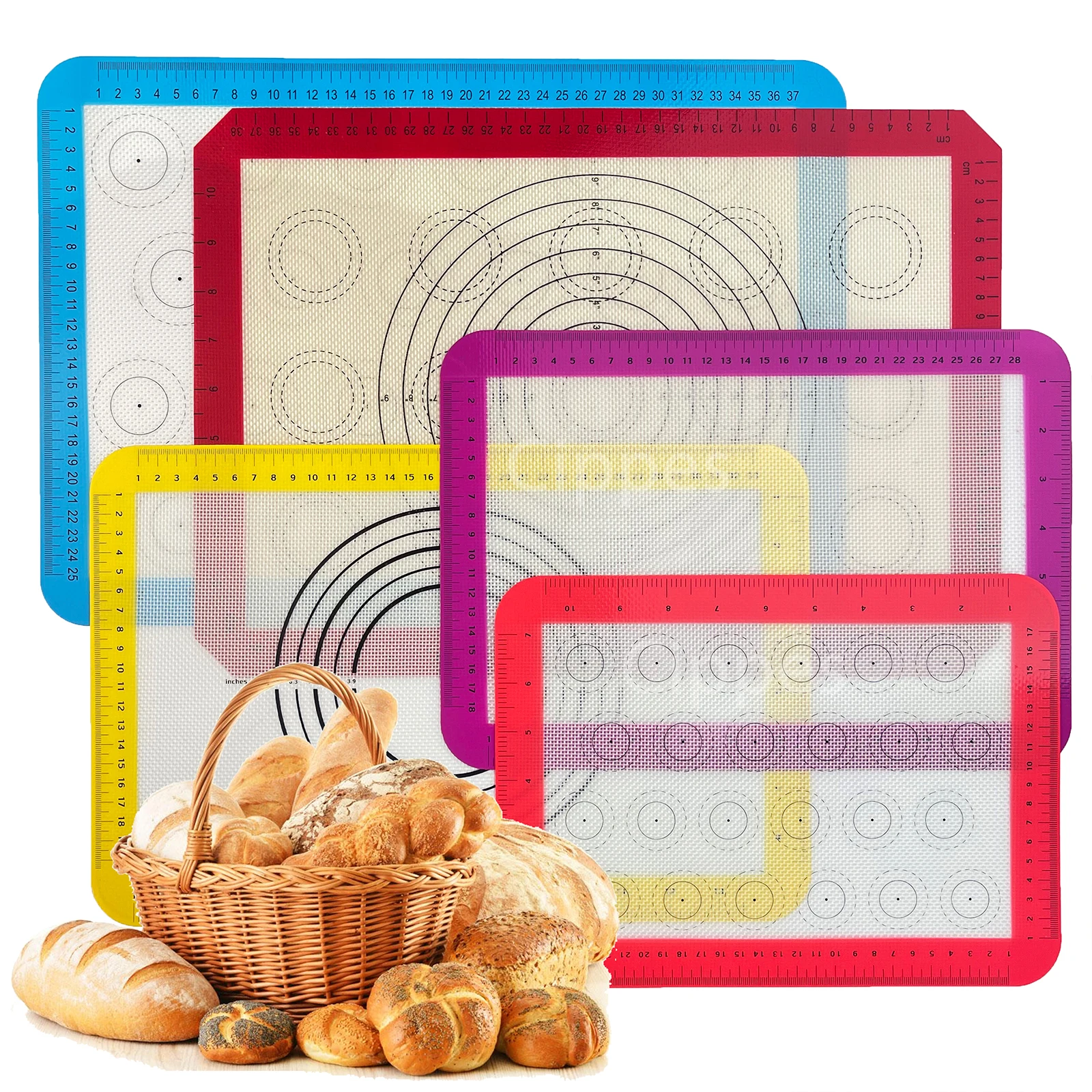 Silikon-Backmatte mit Maße für den Ofen, farbenfrohe, antihaftbeschichtete, wiederverwendbare Backmatte für die Zubereitung von Macaron, Keksen und Gebäck Image