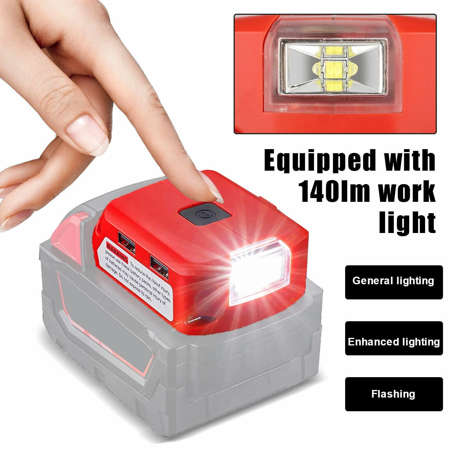 Akku-Adapter für Milwaukee 18 V Li-Ionen-Akku-Stromquelle mit Dual-USB 5 V/2,1 A 3 W LED-Arbeitslicht Image