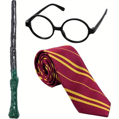 TEMU Wizard Costume Accessory Kit - Striped Tie, Glasses & Magic Wand Set For , Themed Parties & Birthdays