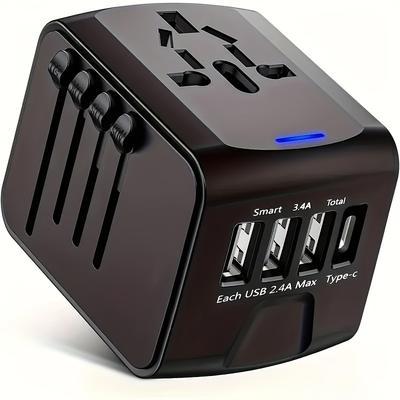 TEMU 3-port Universal Travel Adapter With Type-c And Ac Socket - Compact Worldwide Travel Plug For Charging Laptops, Phones, And Tablets - Black, Safe, And Reliable For International Travel