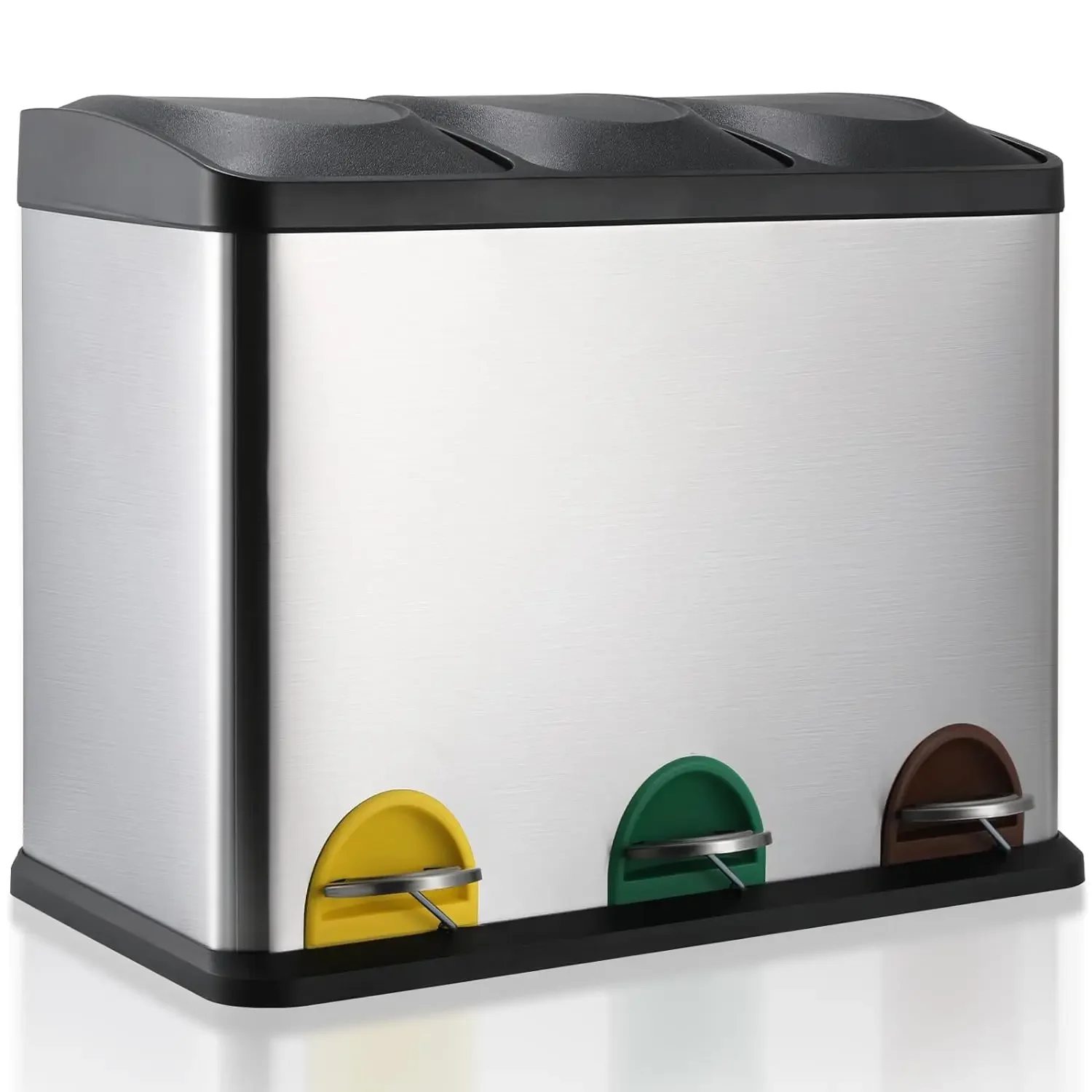 Mülleimer, 45l Mülleimer für die Küche, 3 Fächer, Edelstahl,(3x15l) Kunststoff-Innen eimer und Klappdeckel, luftdicht Image