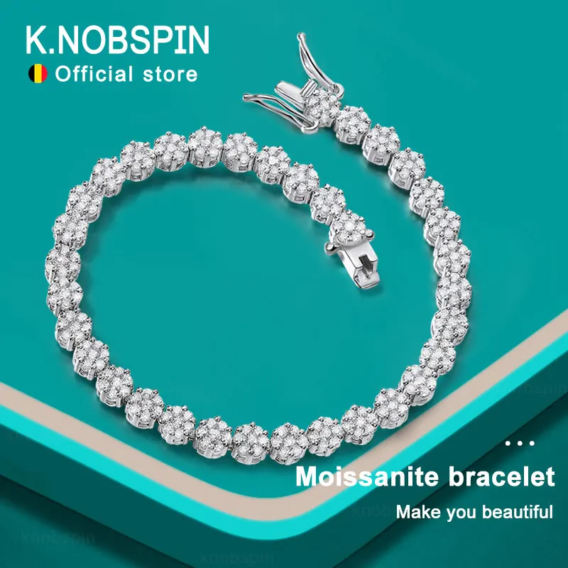 KNOBSPIN D VVS1 Moissanit-Tennisarmband, voller Diamant, GRA, 925er Sterlingsilber, vergoldet, Weißgold, Blumenarmbänder für Damen und Herren