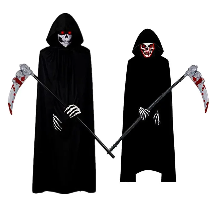Neue Halloween Party Cosplay Kinder Erwachsenen Tod schwarzen Umhang Umhang Halloween Schädel Skelett Ball Kostüm Requisite Set Weihnachts geschenke Image