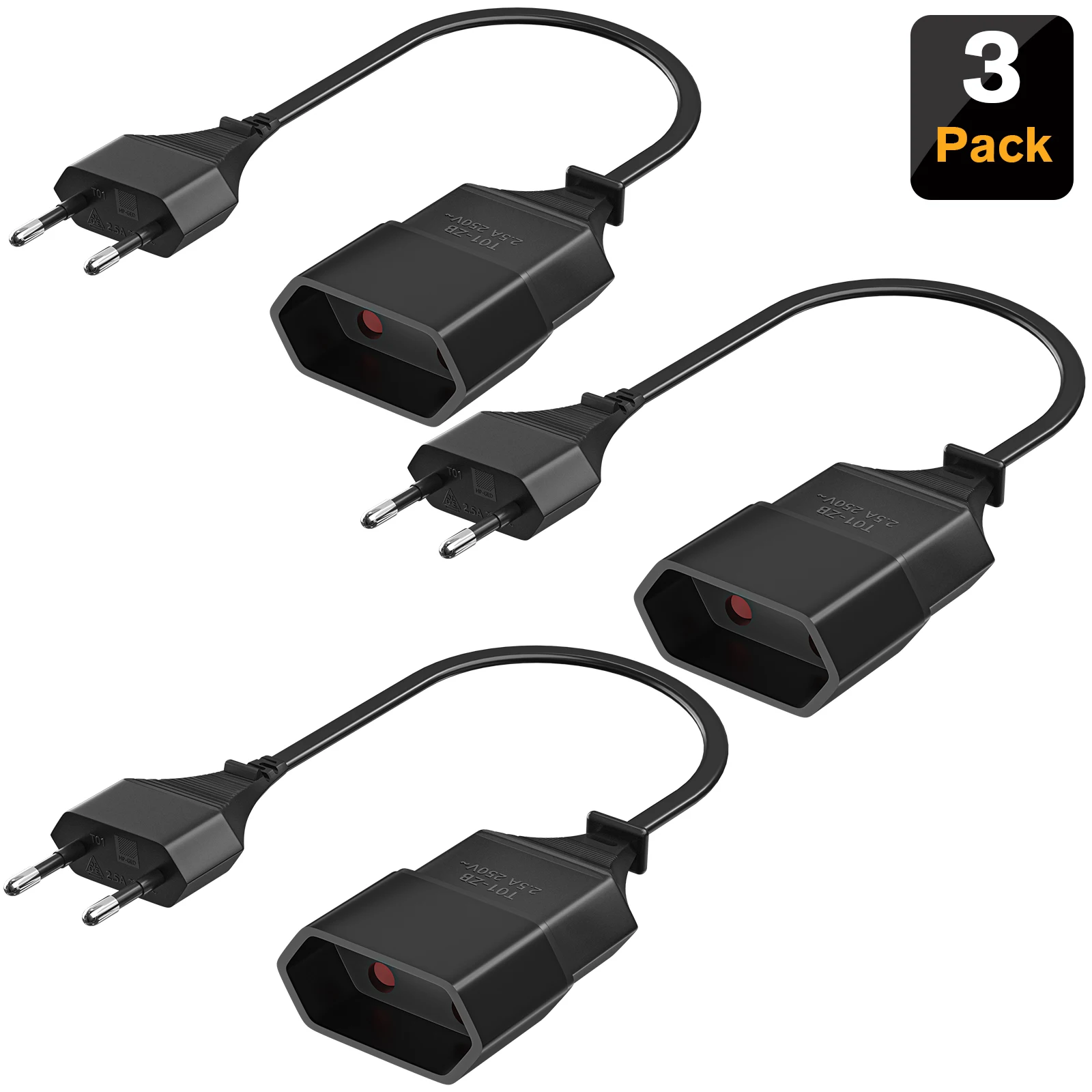 3er-Pack Stecker auf Buchse, Stromverlängerungskabel für PC, Computer, 0,2 m, Euro 2-poliger Stecker, EU-Verlängerungskabel, Schwarz, Weiß Image
