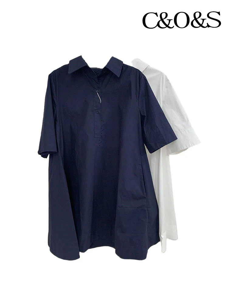 C&S Women's Street Fashion Einreihiges Hemdkleid Einfacher Halbarm Lässiges Pendlerkleid Revers Elegantes Temperament Kleid Einfache Einfarbige A-Linie Damenkleider