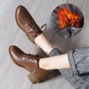 Damen-Winterschuhe, Damen-Loafer, echtes Leder, runde Zehenschuhe, braune Absätze, Damen-Pumps, Stiefel, Mokassin, Rom-Riemen, Fell, 41, 42,