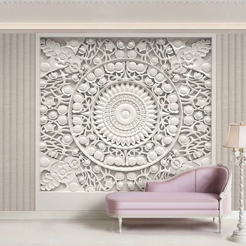 Benutzerdefinierte Tapete Home Decor Europäischen Stil Weiß Gips Geschnitzt 3D Stereoskopischen Relief Wohnzimmer TV Hintergrund Wandbild De Parede Image