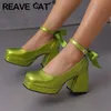 Reave Katze weibliche Stiefel Zehen block Absätze 9,5 cm Plattform 2cm Knöchel Schnalle Riemen Bowknot Größe 47 48 Mode Party Schuhe