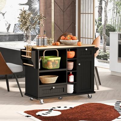 Kitchen Island on Wheels, Storage Kitchen Cart, Floor Standing Buffet Sideboard, Rubber Wood Desktop Microwave Cabinet