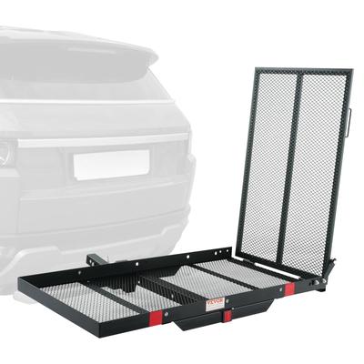 VEVOR Hitch Mount Cargo Carrier, Iron Hitch Cargo Rack with Folding Ramp, Hitch Rack Basket with Stabilizer and Straps