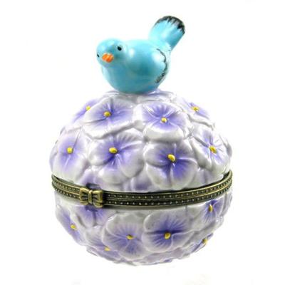 Bluebird of Happiness on Mound of Purple Flowers Hinged Porcelain Trinket Box - Blue
