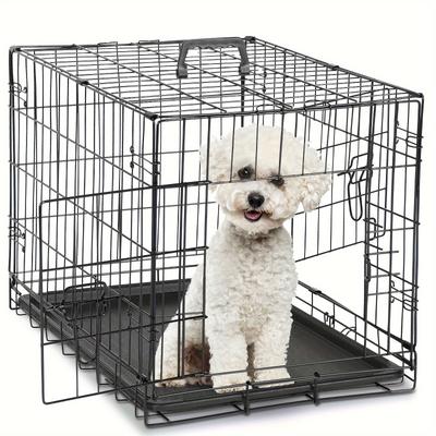 TEMU Dog Crate With Divider Panel, Double Door Folding Metal Wire Dog Cage With Plastic Leak-proof Pan Tray, Pet Kennel For Indoor, Outdoor