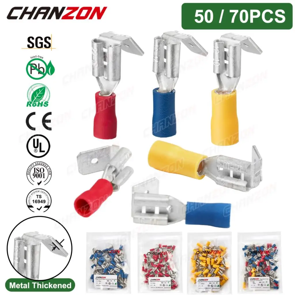 50/70-teilige Schweinchen-Rück draht klemmen 6,3mm Huckepack-Kabel Crimp-Spleiß kabel elektrische löt freie Steck verbinder 22-10awg Image