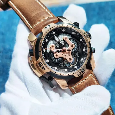 Riff Tiger/RT Marke Militär Uhren für Männer Rose Gold Blau Zifferblatt Braun Lederband Automatische