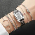 6 Teile/satz frauen Uhr Mode Rechteck Zifferblatt Quarz Uhren Silber Stahl Band Damen Armbanduhren Armbänder Set