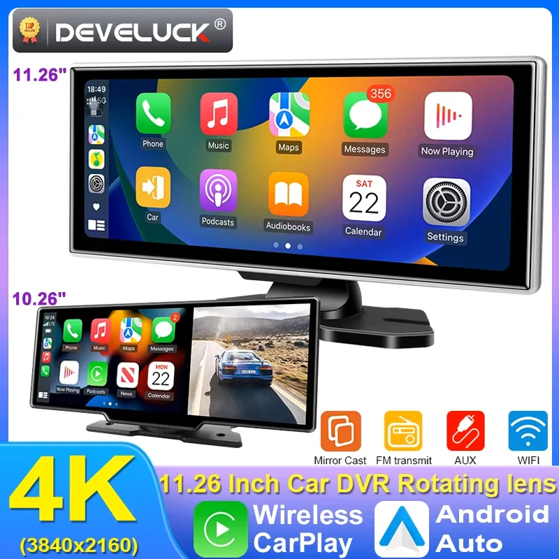10/11,26 Zoll Dash Cam 4K Auto DVR Drahtlose Carplay & Android Auto GPS Navigation Video Recorder Dashboard Dual Objektiv Wifi FM AUX
