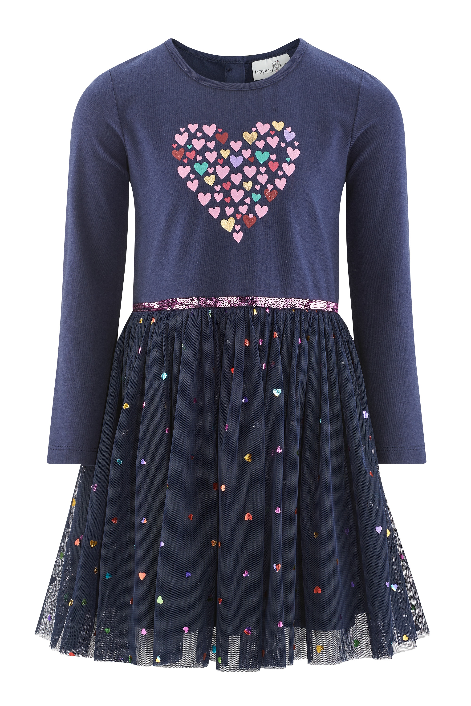 Jerseykleid HAPPY GIRLS, Mädchen, Gr. 140, N-Gr, blau (navy), Jersey, Obermaterial: 95% Baumwolle, 5% Elasthan. Obermaterial 2: 100% Polyester. Futter: 100% Polyester, bedruckt, regular fit knielang, Rundhals, Kleider Image