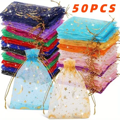 50PCS Moon Stars Drawstring Organza Bags Jewelry Gift Bags Pouches Gold Star Organza Favor Pouches