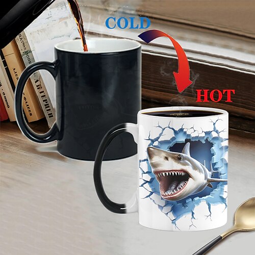 Thermobecher, Hai-Thermobecher mit 3D-Illusion, Keramik-Kaffeebecher als Geschenk, 11 oz wärmeempfindlicher Farbwechsel-Kaffeebecher, süße Weihnachtsgeschenktasse für Hai-Liebhaber Image