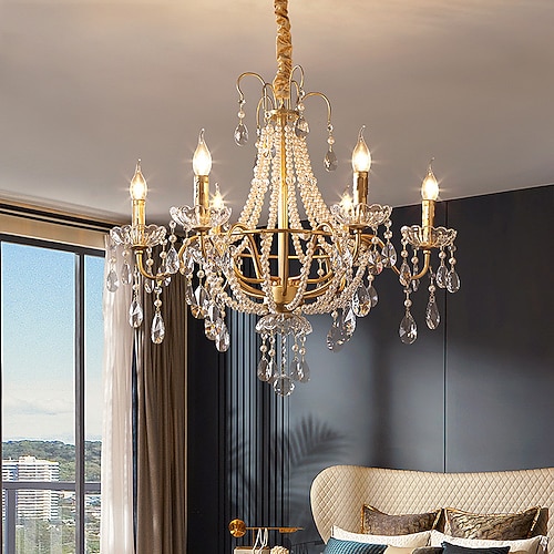 LED-Kronleuchter warmweiß 6/8-flammig 66 cm/78 cm französischer Kristallperlen-Kronleuchter mittelalterliche Villa Vintage Hängeleuchte für Wohnzimmer Schlafzimmer 110-240 V Image