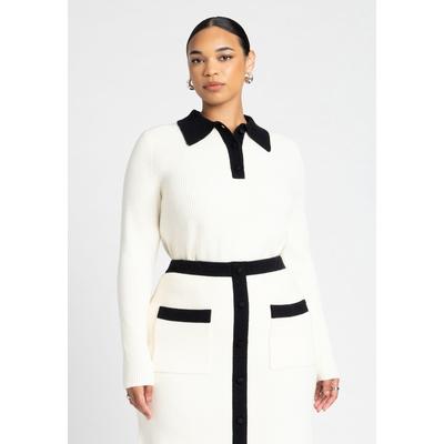 Plus Size Women's Henley Collared Sweater by ELOQUII in Cream And Black Onyx (Size 26/28)