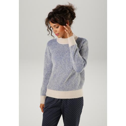 Strickpullover ANISTON CASUAL Gr. 42, blau (sand, marine) Damen Pullover im Streifen-Dessin