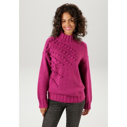 Strickpullover ANISTON CASUAL Gr. 42, pink (fuchsia) Damen Pullover Grobstrickpullover mit eingestrickten, kleinen Bommeln