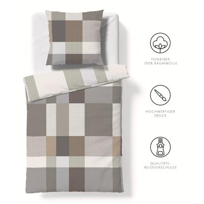 Bettwäsche FLEURESSE "Aspen", braun, B/L: 155cm x 220cm, , Feinbiber, B/L: 80cm x 80cm, Feinbiber, Obermaterial: 100% Baumwolle, Bettwäsche, Feinbiber mit Karo Image