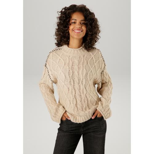 Strickpullover ANISTON CASUAL Gr. 38, beige (beigemeliert, schwarz) Damen Pullover Grobstrickpullover mit Handstrickerei verzierten Nähten