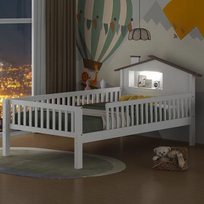 Kids Twin/Full Platform Bed with Rustic House-Shaped Headboard, LED, Storage.