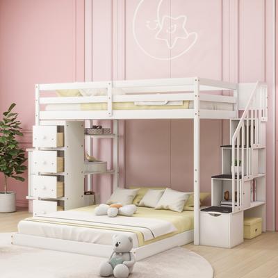 Twin Over Full Bunk Bed with 3-Layer Shelves, Platform Bed with Drawers, Wooden Bed with Storage Stairs, White