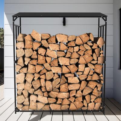 Solid Metal Firewood Rack Wood Storage Stand w/Top Cover for Outdoor
