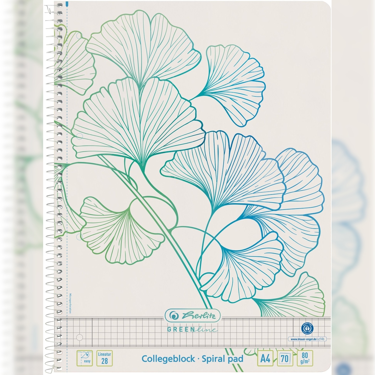 herlitz Spiralblock A4 Greenline 70 Blatt Lineatur 28 gelocht Ginkgo Image