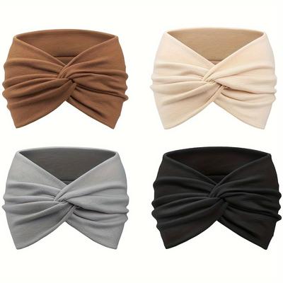 TEMU Set Of 4 Bohemian Turban Headbands For Women, Polyester Knit Fabric Wide Hairbands, Versatile Knotted Hair Wraps Accessories For Yoga, Sports, And Daily Wear