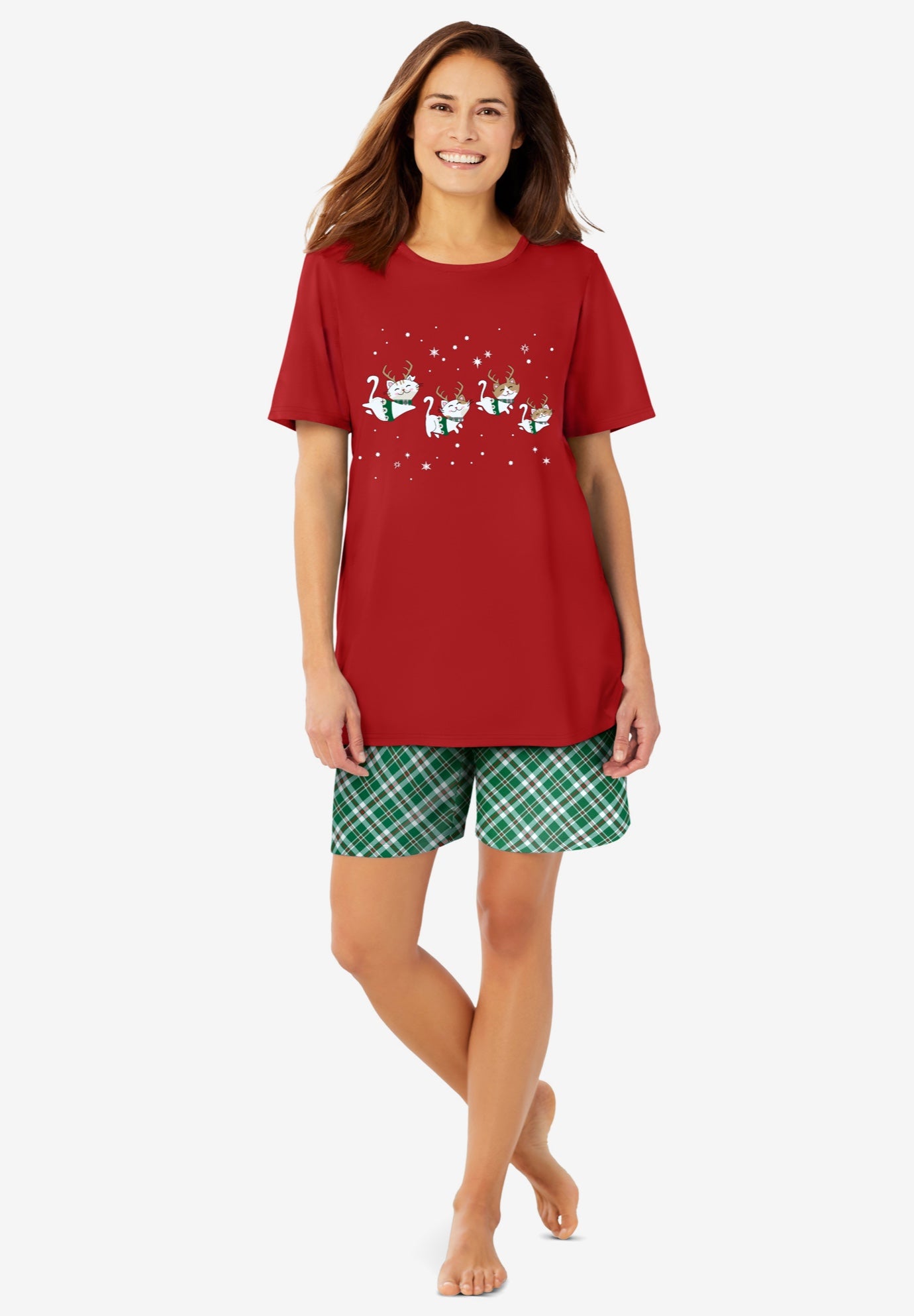 Plus Size Women's Knit PJ Short Set by Dreams & Co. in Classic Red Reindeer Cat (Size 2X) Pajamas