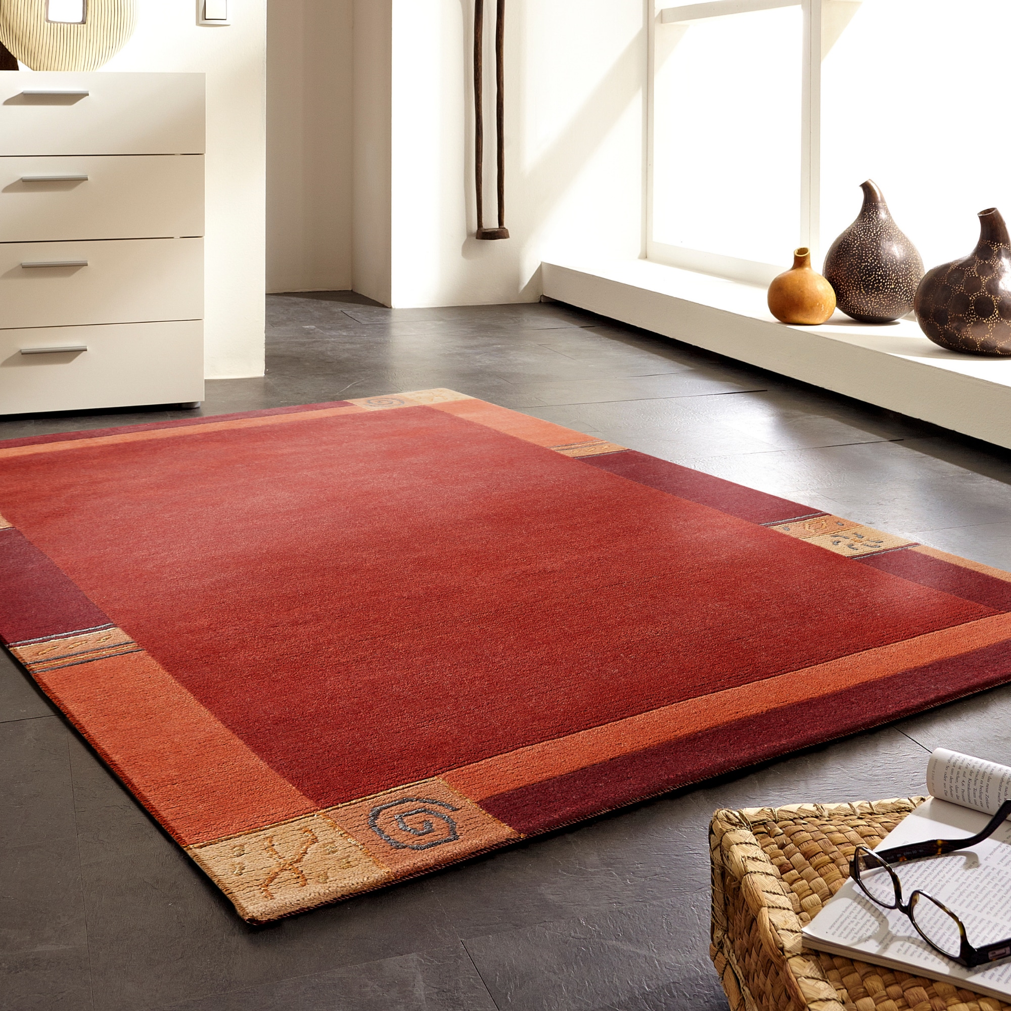 Wollteppich LUXOR LIVING "India" Gr. 7, rot, B:250cm H:20mm L:350cm, Wolle, Teppiche, Designer-Teppich Knüpfteppich Schurwollteppich Teppich, reine Wolle, handgeknüpft, mit Bordüre, auch als Läufer Image