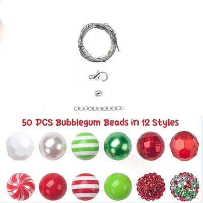 TEMU 50 Pcs Christmas Bubblegum Bead Mix Kit, Acrylic & Resin Chunky Beads In 12 Styles With Spacer Charms, Extension Chains & Beading Cord For Diy Bracelets, Necklaces, Jewelry Making & Crafts Accessory