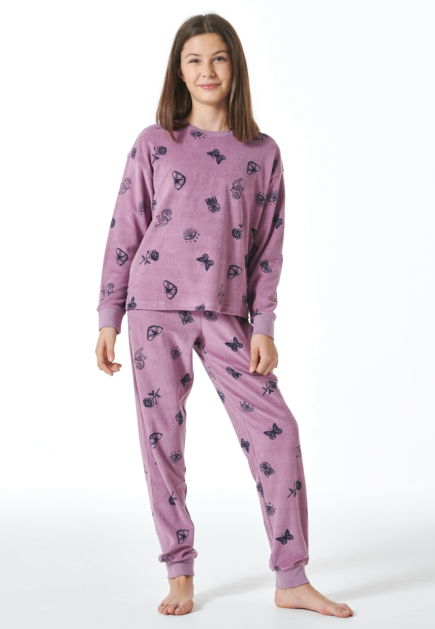 Relaxanzug SCHIESSER "Nightwear", Kinder, Gr. 176, lila (mauve), Frottee, Obermaterial: 80% Baumwolle, 20% Polyester, gemustert, Casual, bequem lang, Rundhals, Homewear-Sets, mit Allover-Print Image