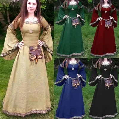 Damen Mittelalter Gothic Cosplay Kostüme Halloween Solide Keltische Kleider Langarm Renaissance Image