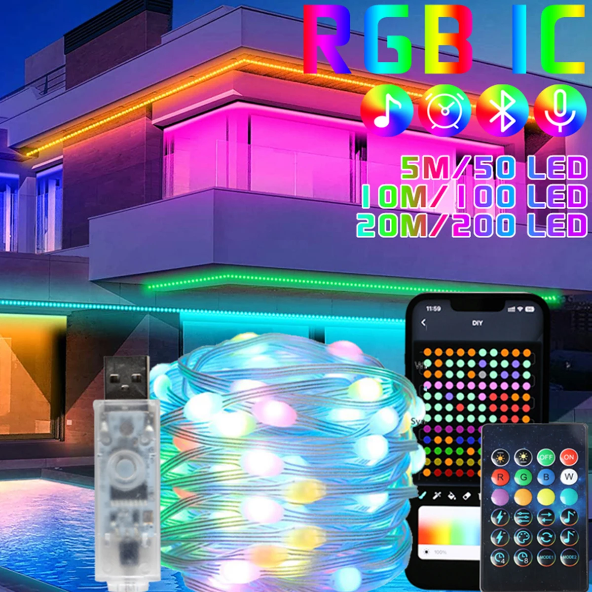 RGBIC USB Lichterkette LED Telefon Fernbedienung Lichterketten Girlande Für Neujahr Weihnachten Baum Hause Hochzeit Party Decor