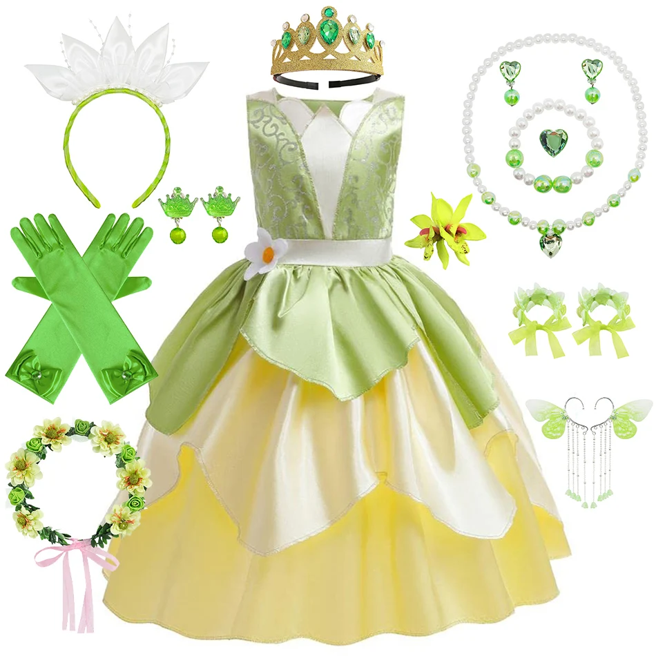 Tiana Kostüm Mädchen Cosplay Prinzessin verkleiden Kinder Weihnachten Karneval Party Vestidos Kinder grün ärmellose elegante Kleider