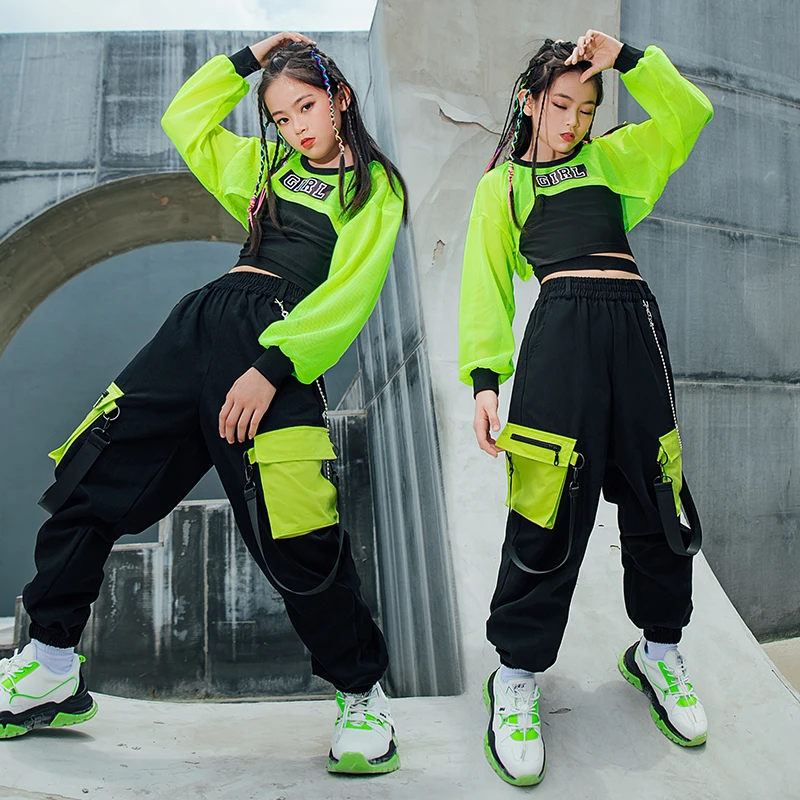 Kinder Hip Hop Kleidung Mädchen Jazz Dance Kostüm Neon Grün Crop Tops Schwarze Weste Cargo Hosen Street Dance Performance Tragen BL7108
