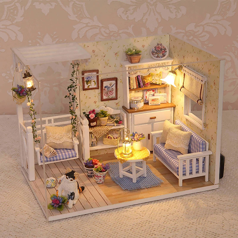 Kätzchen Mini Puppenhaus 3D Puzzle Montage Modell Bausatz Kreative Zimmer Schlafzimmer Dekoration Mit Möbel Holz Handwerk Geschenke