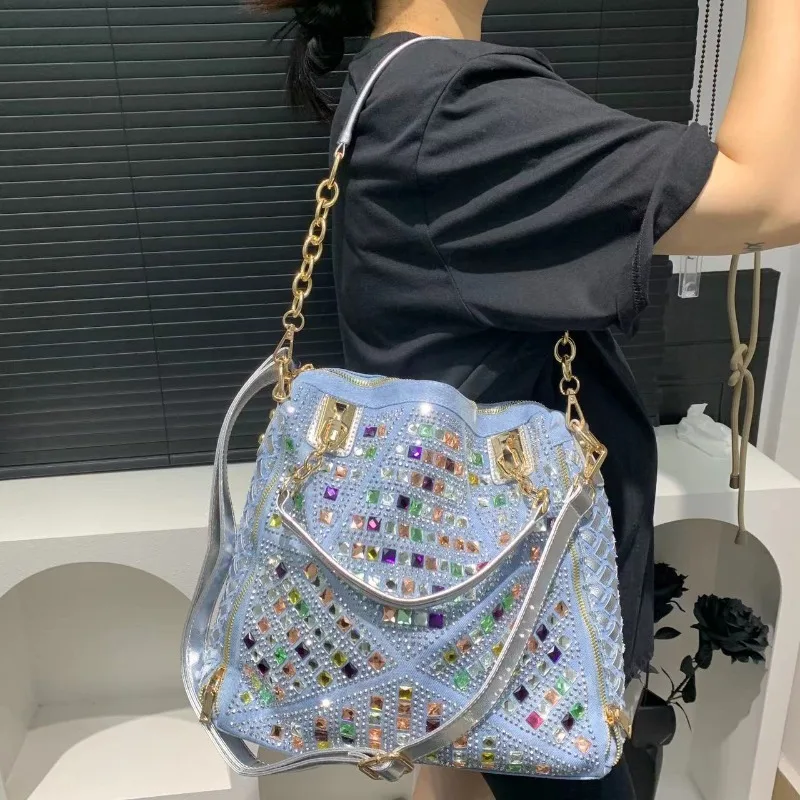 Damenmode Denim geflochtene Einkaufstasche große Kapazität Diamant Schulter Handtasche Image