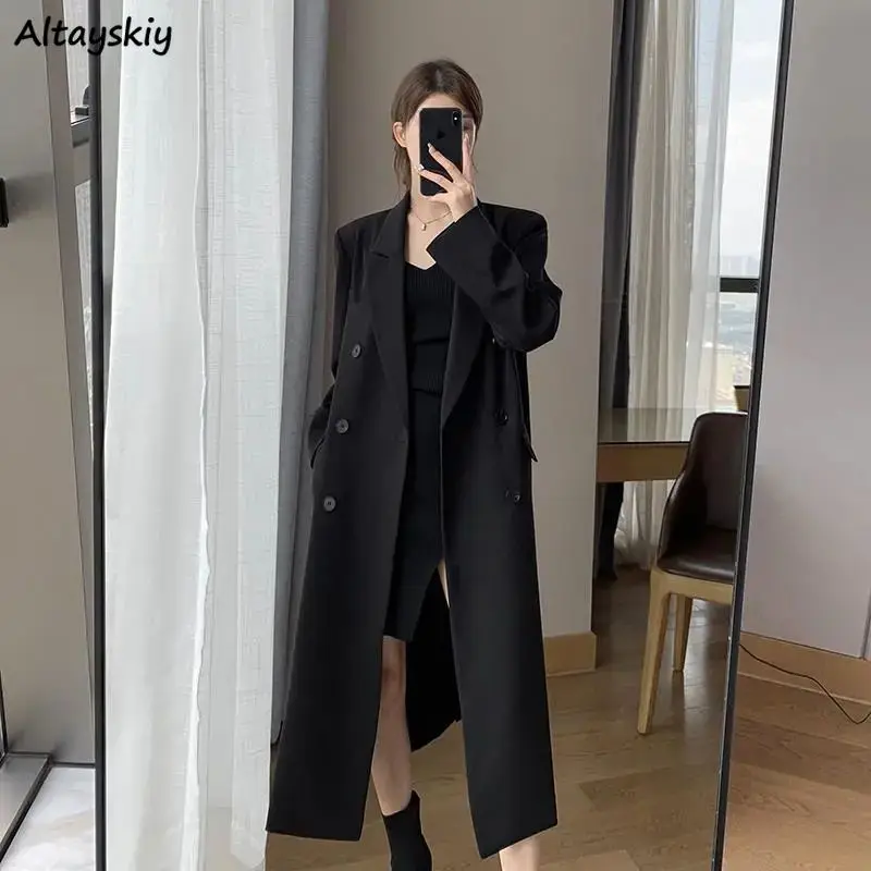 Schwarze Trench lange Mäntel für Frauen elegante gekerbte Herbst trend ige französische Stil High Street Zweireiher Damen mystische Oberbekleidung