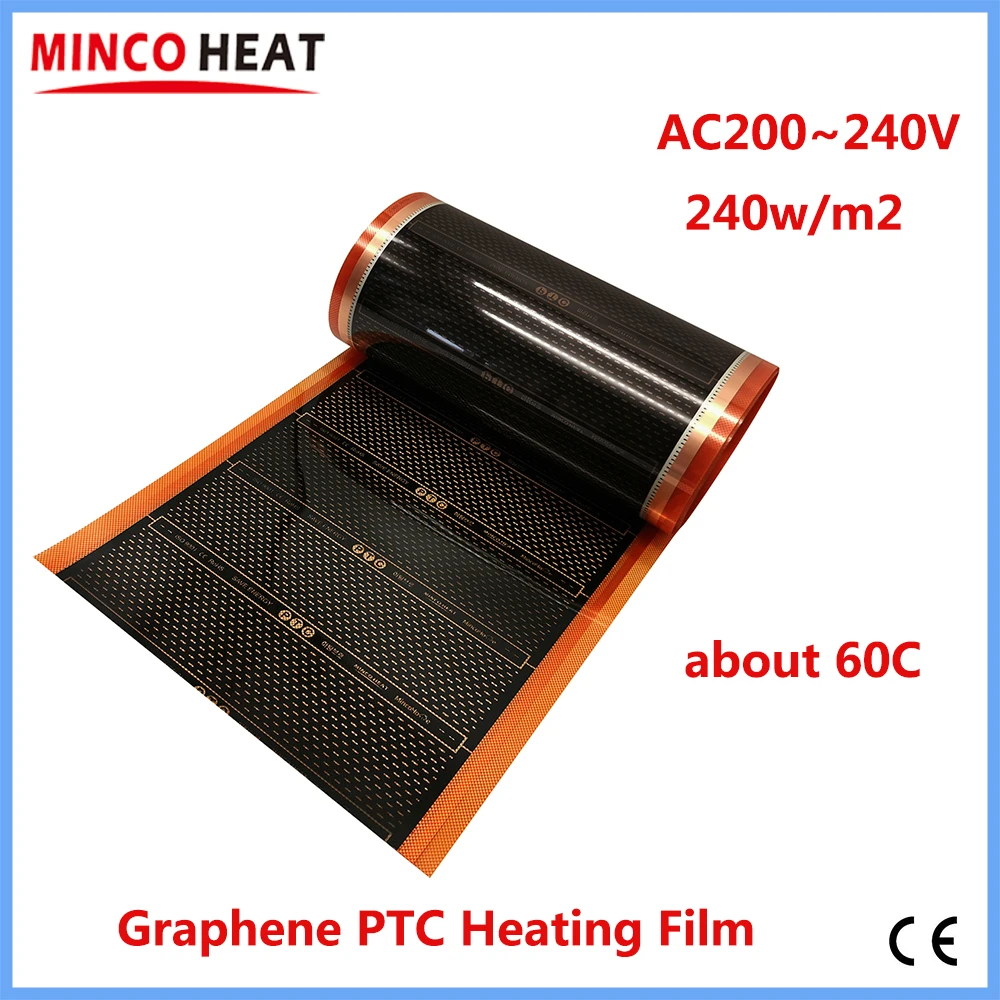 MINCO HEAT 240 W/m2 Neue Graphen-PTC-Heizfolie Infrarot AC200 ~ 240 V ca. 60 °C Warme Fußbodenheizmatte