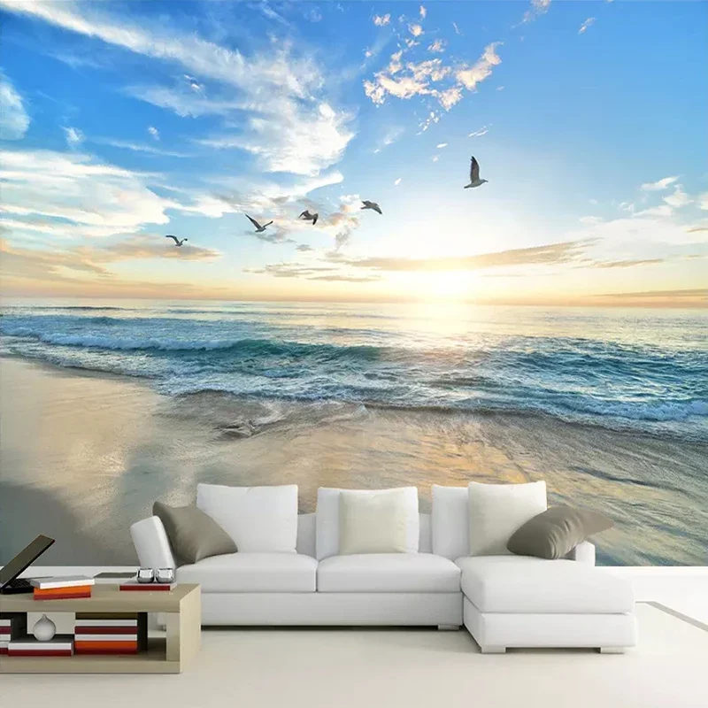 Nach 3D Foto Tapete Wandbild Strand Seagull Seascape Natur Landschaft Wand Malerei Wohnzimmer Schlafzimmer Wand Dekoration Papier