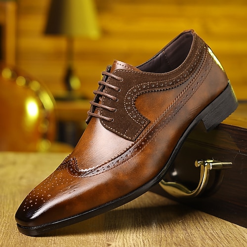 braune Brogue-Oxford-Schuhe aus Kunstleder für Herren mit Flügelkappen-Design – klassische Schnürschuhe für formelle und geschäftliche Anlässe Image